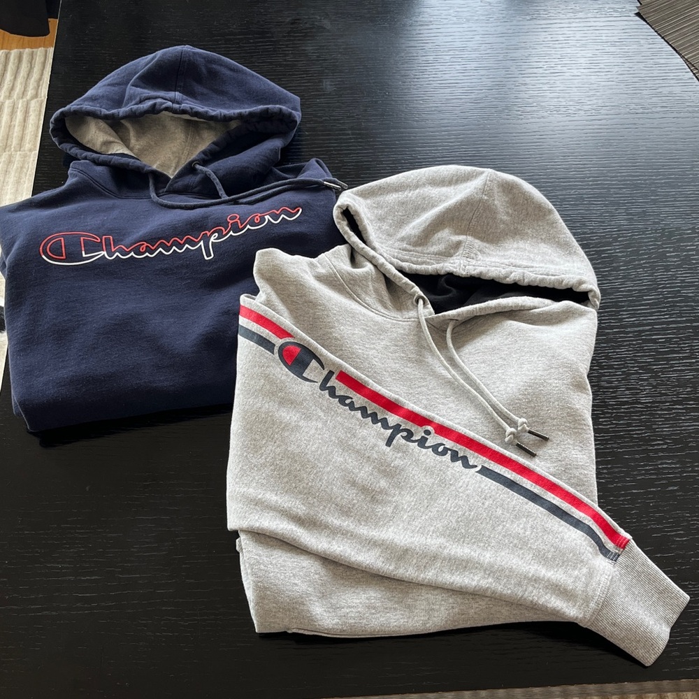 Two Men’s Large Champion
Hoodie, Navy and Gray, Bundle